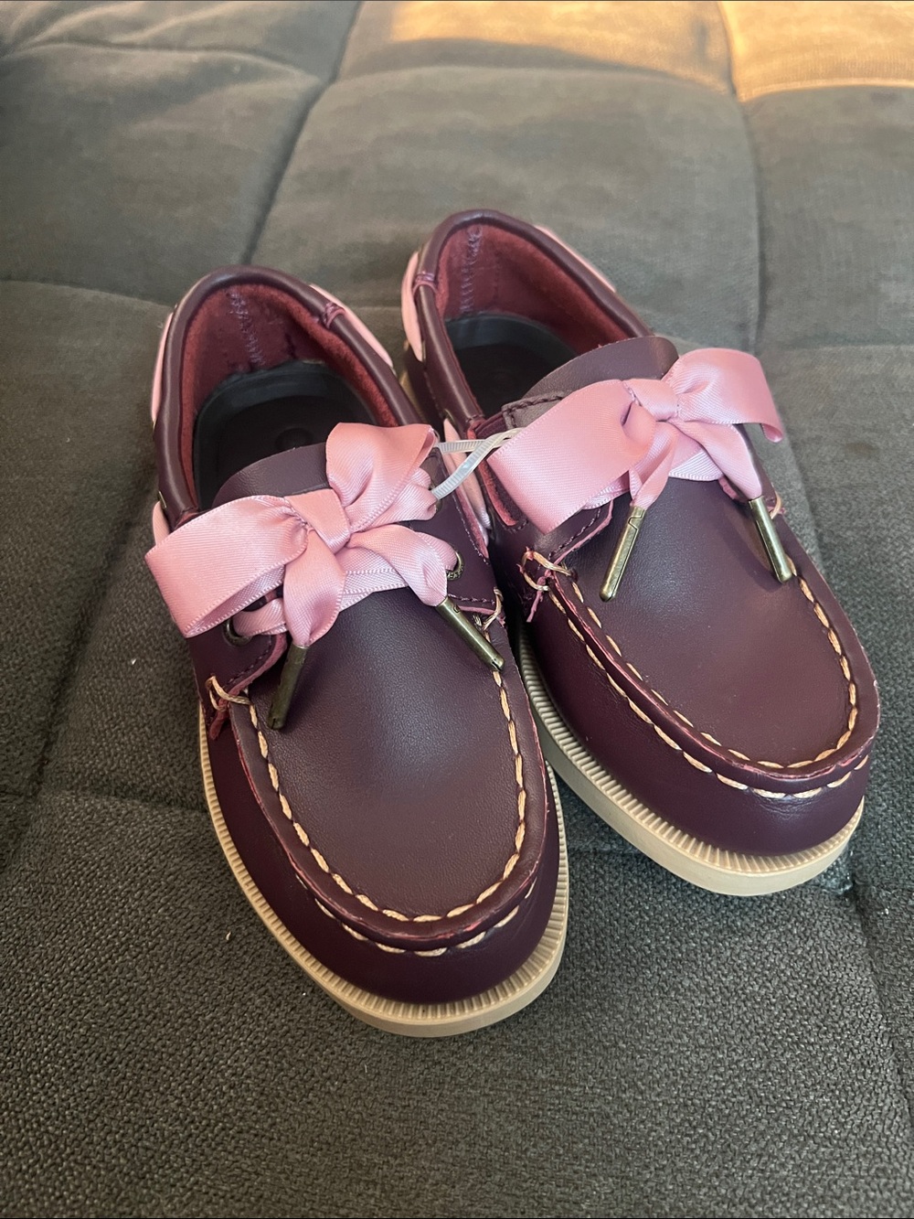 Sperry Burgundy Kids Moccasins with Pink Ribbon